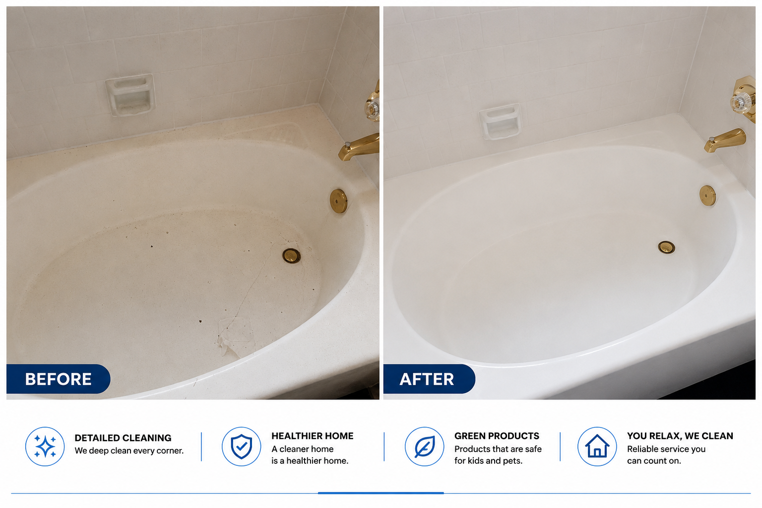 Bathtub, before and after a Cortez House Cleaning visit