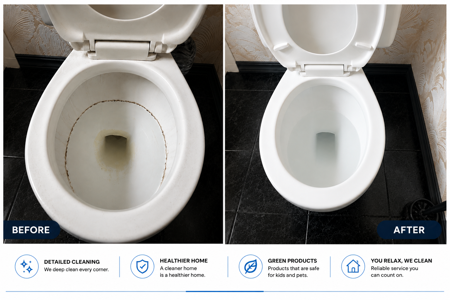 Toilet, before and after a Cortez House Cleaning visit